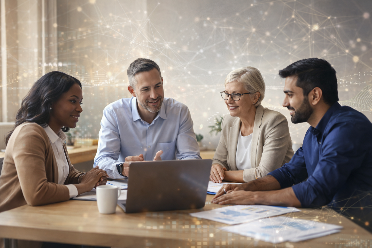 A team working on AI strategy at a desk representing Linda Livers' Sustained Consulting AI Strategy Services.