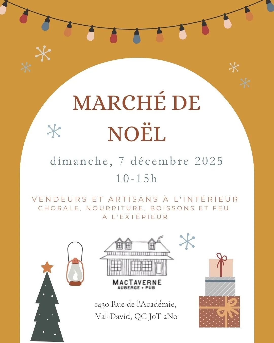 ANNONCE EXCITANTE!!!
Nous organisons un petit March&eacute; de No&euml;l le dimanche 7 d&eacute;cembre de 10h &agrave; 15h ❄️ Boissons chaudes (et bi&egrave;res froides, bien s&ucirc;r!), bouffe, collations, et un feu &agrave; l&rsquo;ext&eacute;rieu