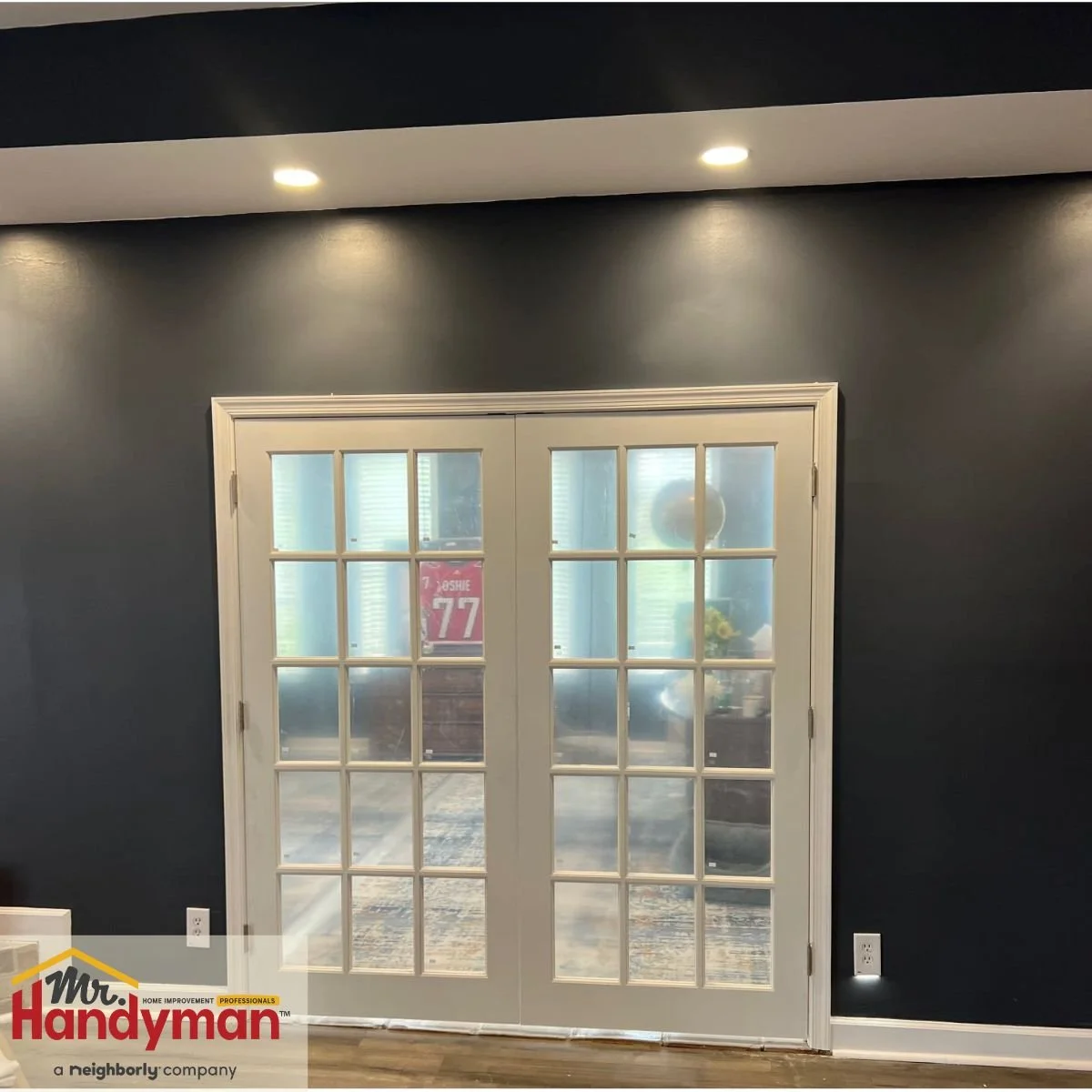 Recessed ceiling lights illuminating French doors in a Lehigh Valley home, installed by Mr. Handyman.