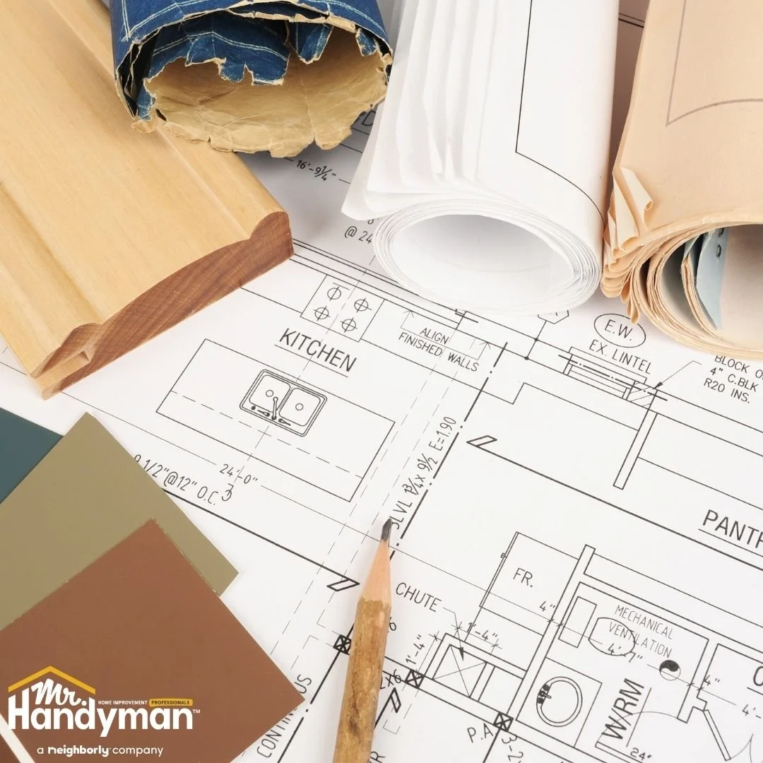Home remodel planning with blueprints, materials, and design samples, renovation planning by Mr. Handyman of Lehigh Valley