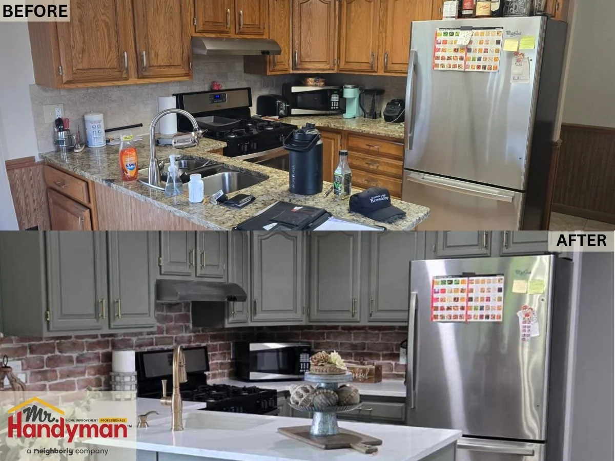 Before and after kitchen remodel by Mr. Handyman of Easton, Bethlehem, Nazareth & Allentown, showing transformation from dated wood cabinets to painted gray cabinetry with a new brick backsplash and quartz countertops.