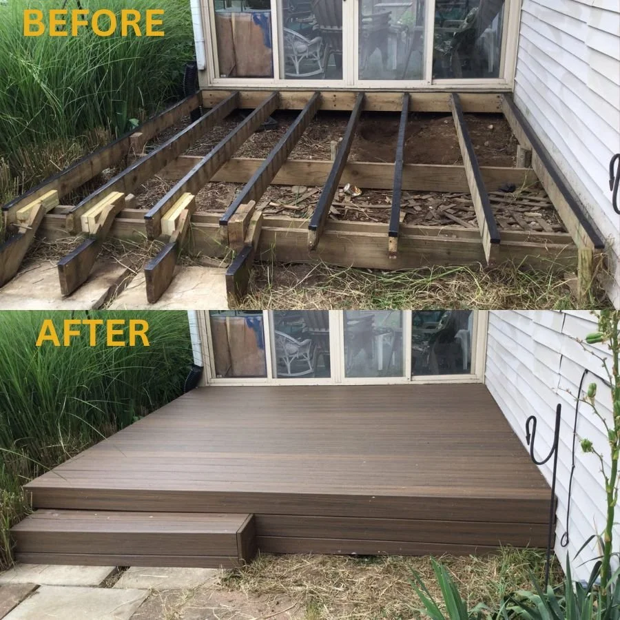 Before-and-after of elevated deck repair and new white railing installation in Lehigh Valley by Mr. Handyman.