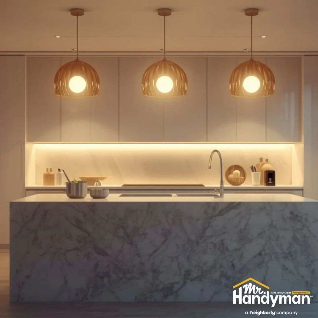 Modern kitchen lighting upgrade with pendant fixtures and accent lighting, remodeling services by Mr. Handyman of Lehigh Valley