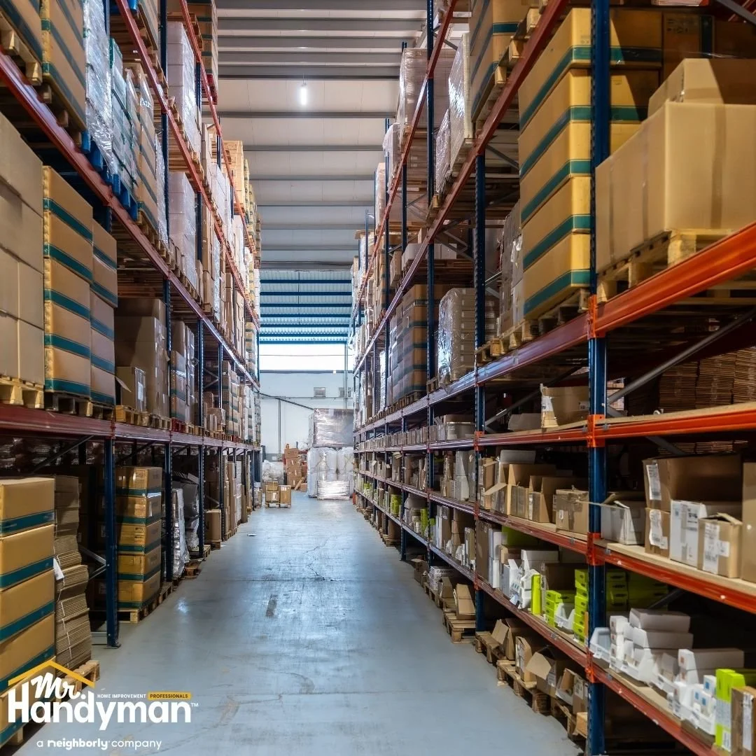 Organized commercial warehouse with shelving and inventory storage, facility maintenance services by Mr. Handyman of Lehigh Valley