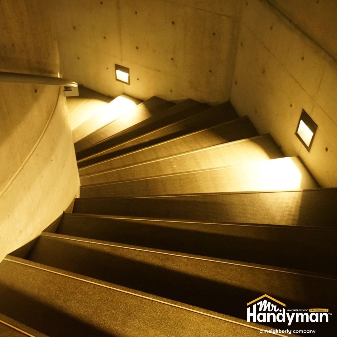 Well-lit commercial stairway with secure steps and safety lighting, building safety upgrades by Mr. Handyman of Lehigh Valley