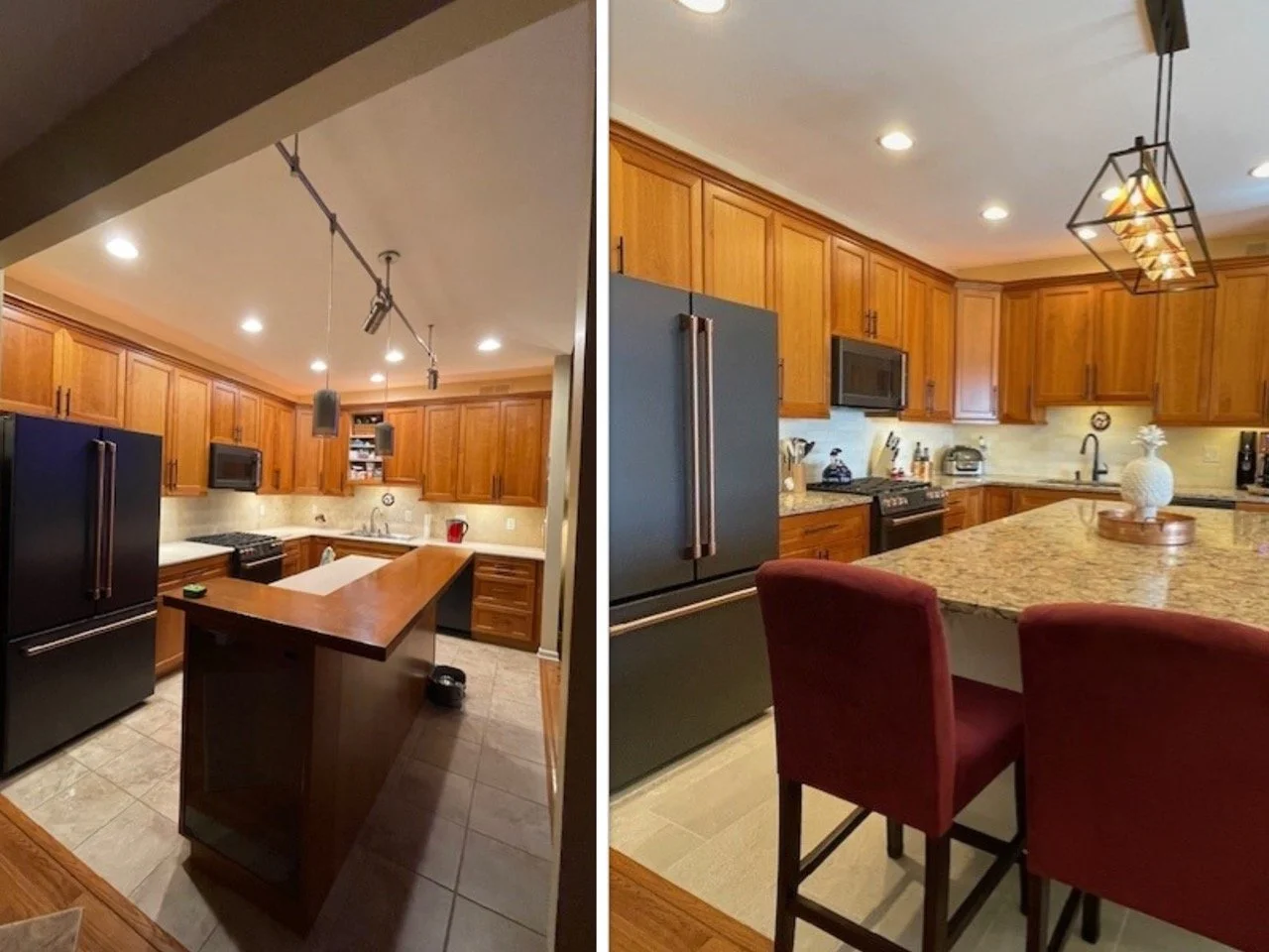 Kitchen transformation from dark cabinetry to bright white modern style with granite countertops in Bethlehem, PA.
