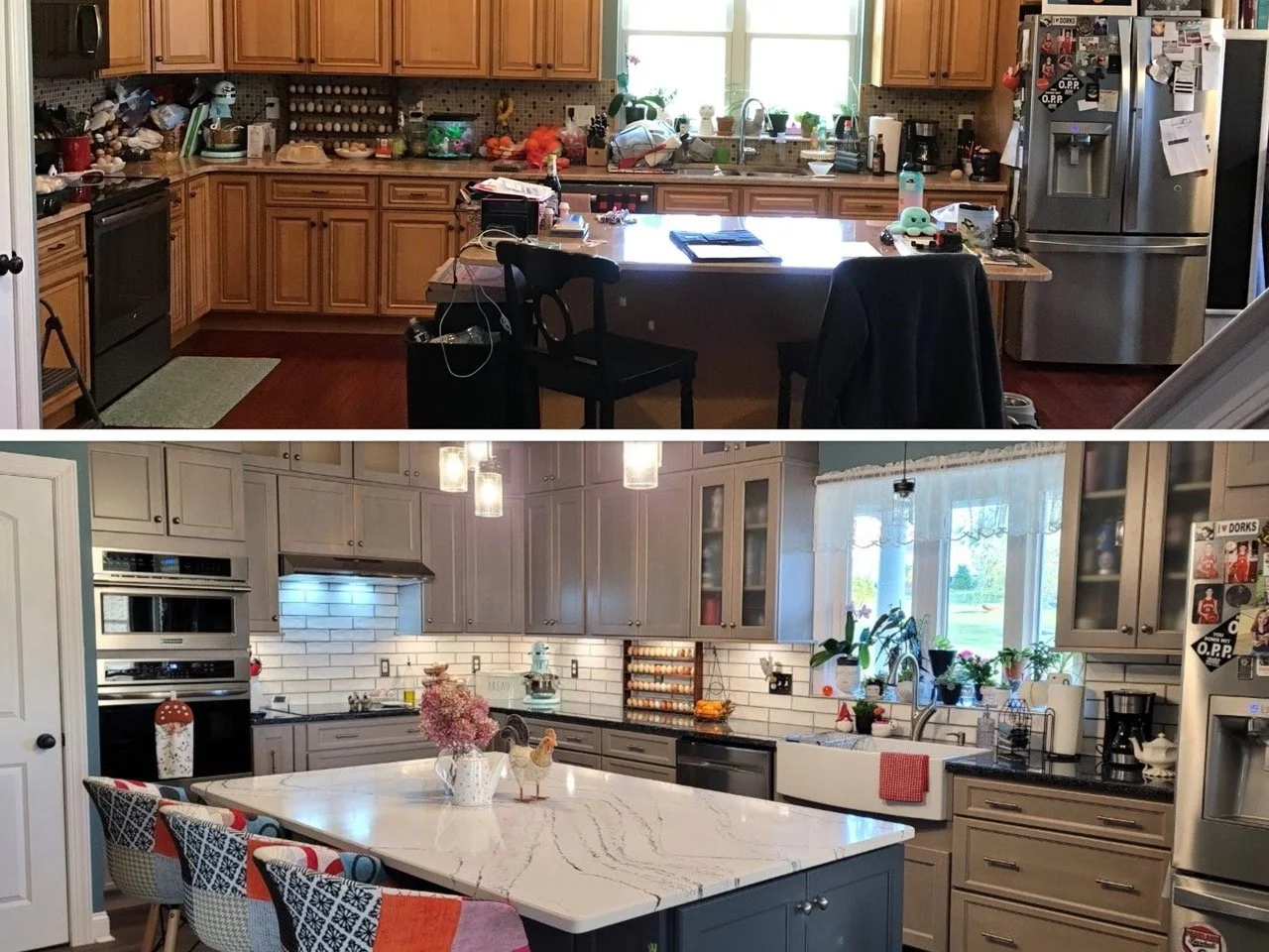 Before and after photos of a full kitchen remodel with new cabinetry and island in Nazareth, PA.