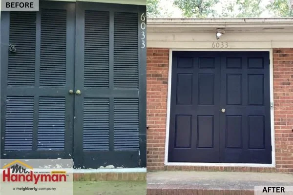 Before and after front door restoration in Easton PA showing improved curb appeal by Mr. Handyman of Lehigh Valley.
