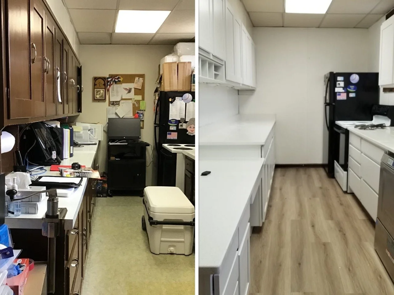 Side-by-side view of a church kitchen remodel in Easton, PA showing transformation to white cabinetry and new vinyl plank flooring.