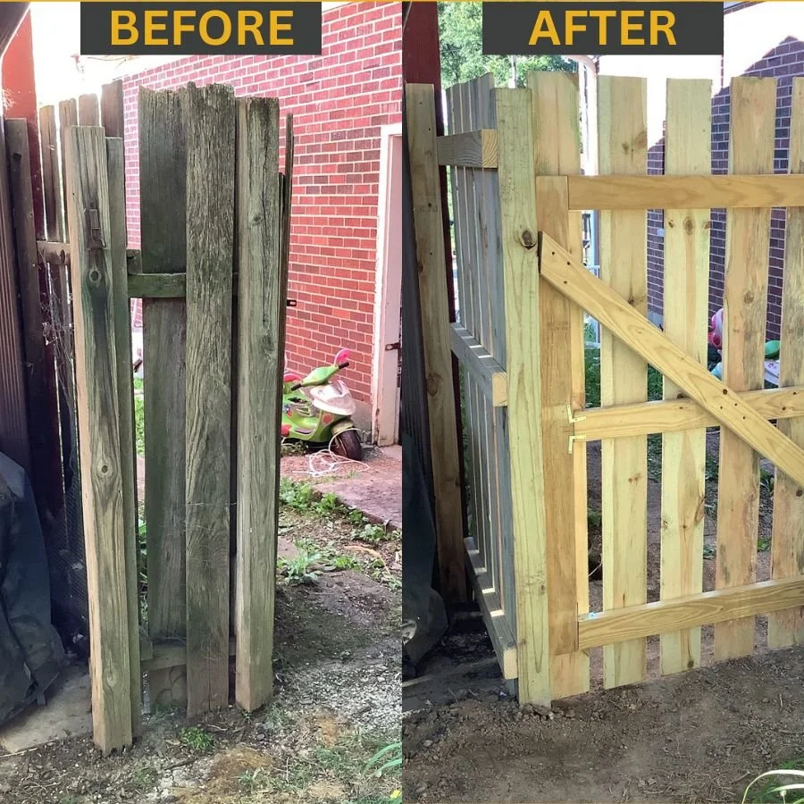 Worn wooden gate before replacement and new sturdy gate after installation in Bethlehem, Easton, and Nazareth, PA by Mr. Handyman of Lehigh Valley.