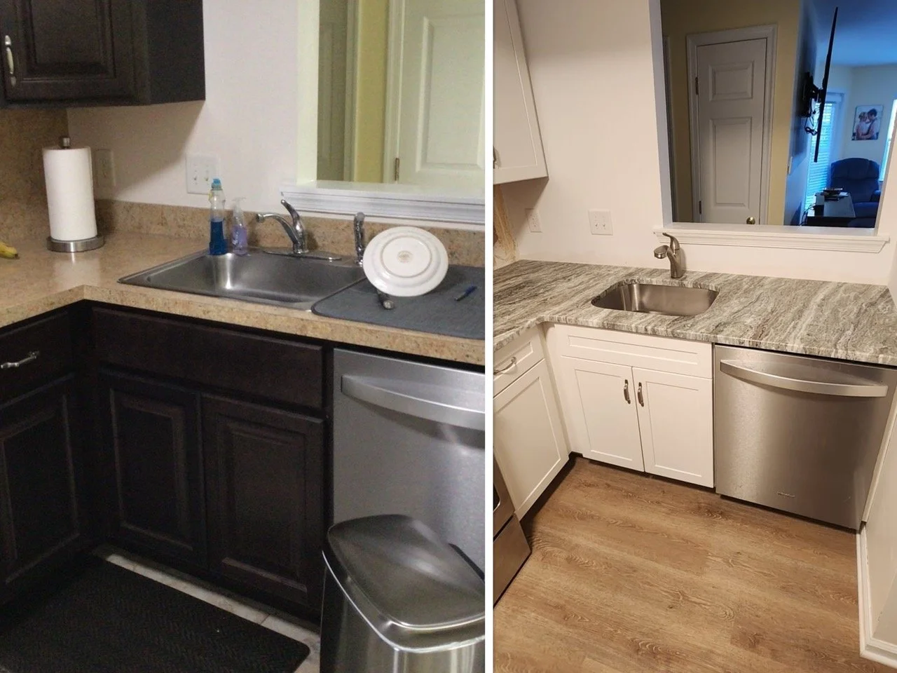 Side-by-side comparison showing outdated kitchen transformed with new gray cabinets and stainless steel appliances in Easton, PA.