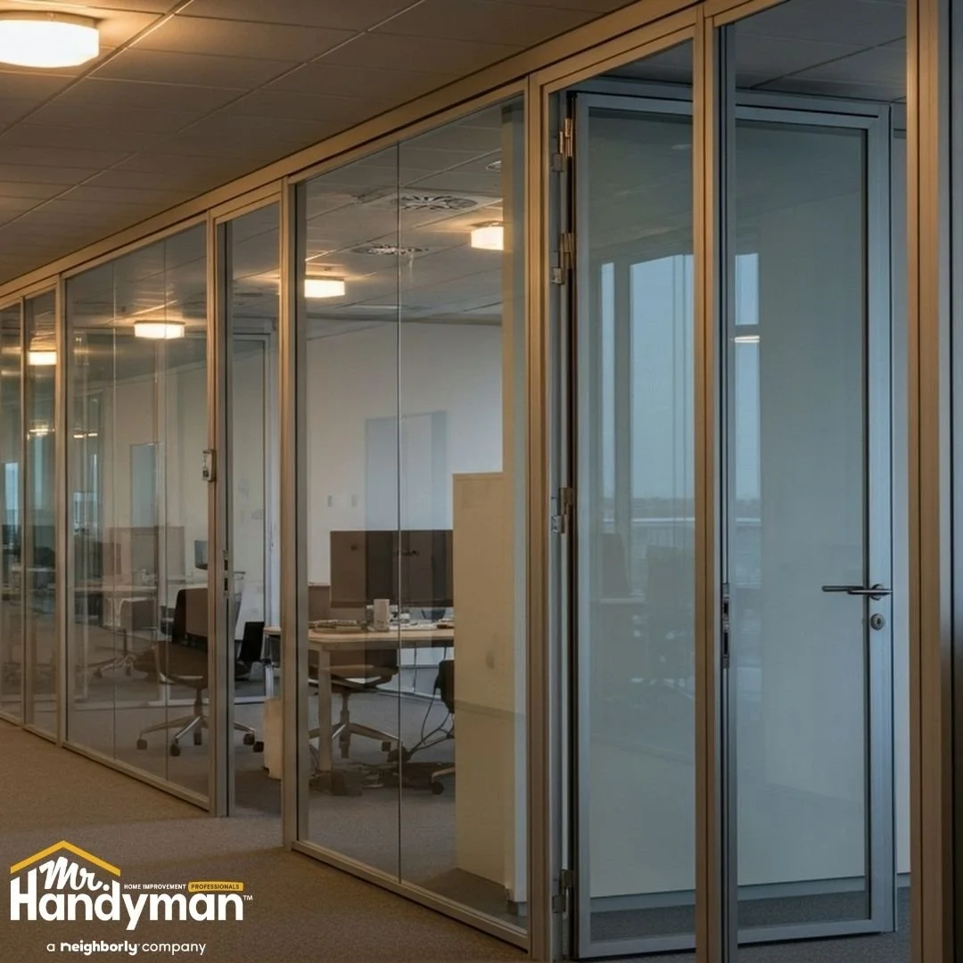 Glass office partitions and doors in modern commercial space, installation and repair by Mr. Handyman of Lehigh Valley