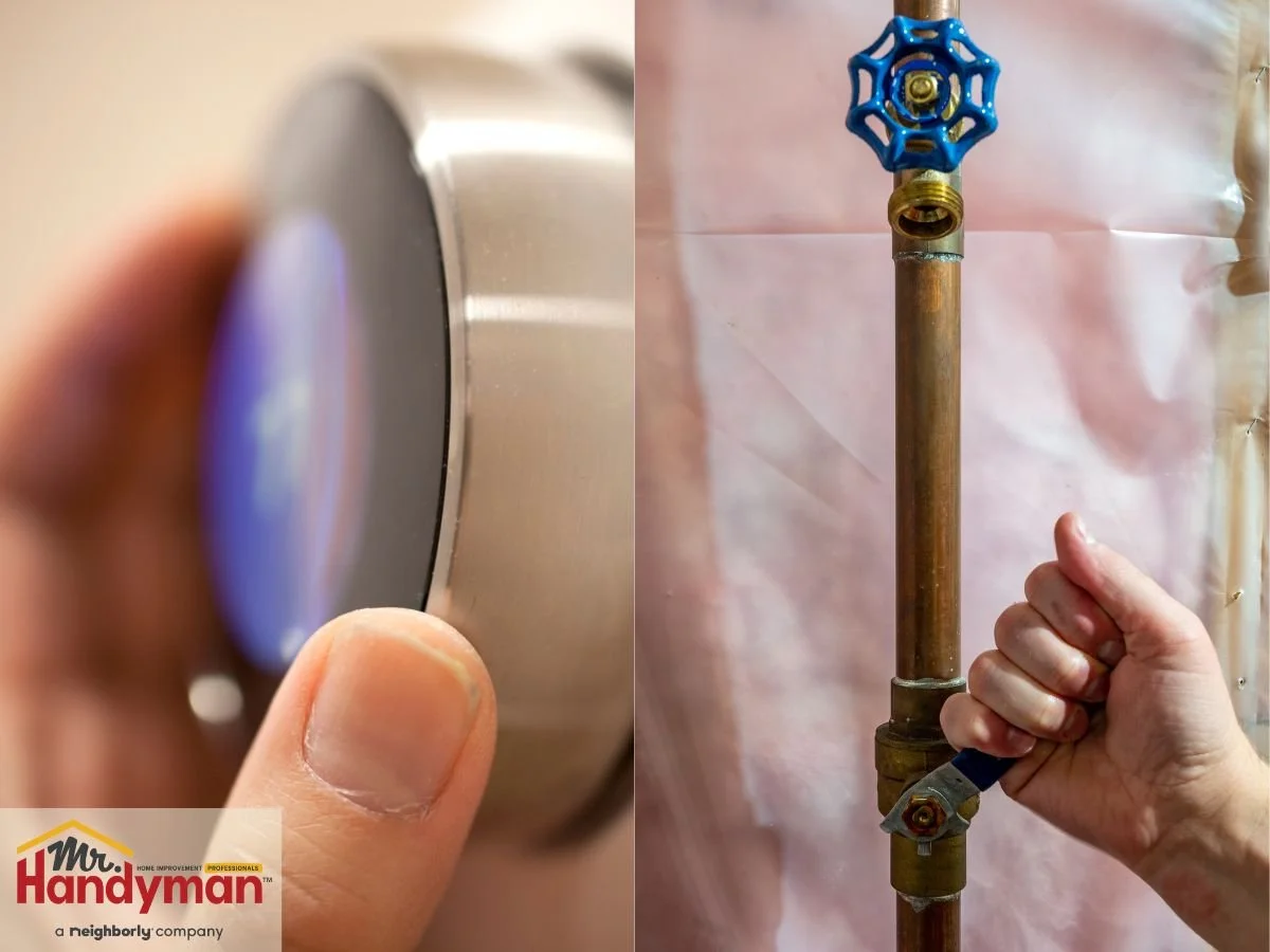 Person adjusting a thermostat and turning a water shut-off valve to prevent frozen pipes before traveling, with Mr. Handyman logo in the corner.