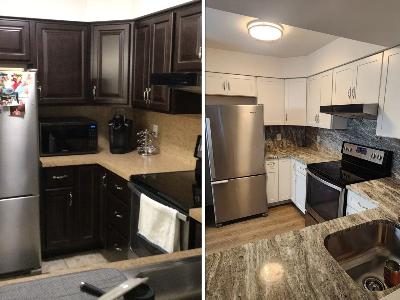 Before and after kitchen cabinet makeover highlighting upgraded countertops and sleek white cabinetry in Nazareth, PA.