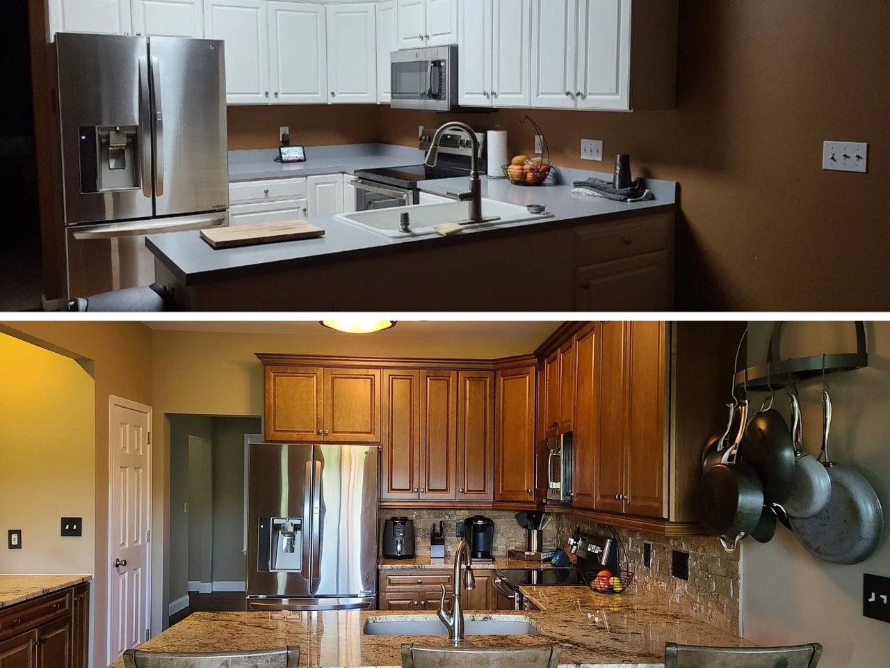 Before and after of a kitchen upgrade in Bethlehem, PA keeping original layout but adding new finishes.