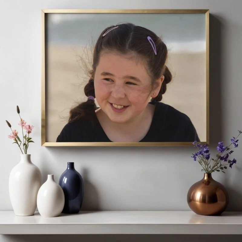 A photograph of a girl smiling at the beach in a gold frame hangs on a white wall above a table topped with decorative vases