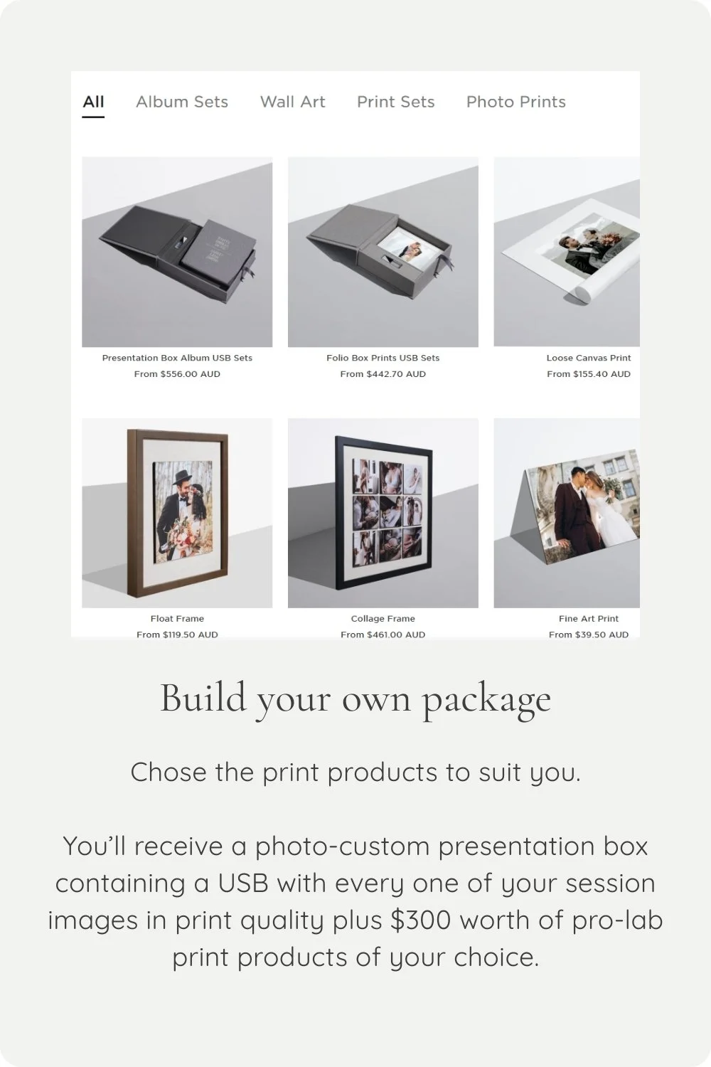 A webpage displaying various photo print products, including presentation box albums, floating frames, collages, and fine art prints, with prices listed in AUD, and text about building custom photo packages.