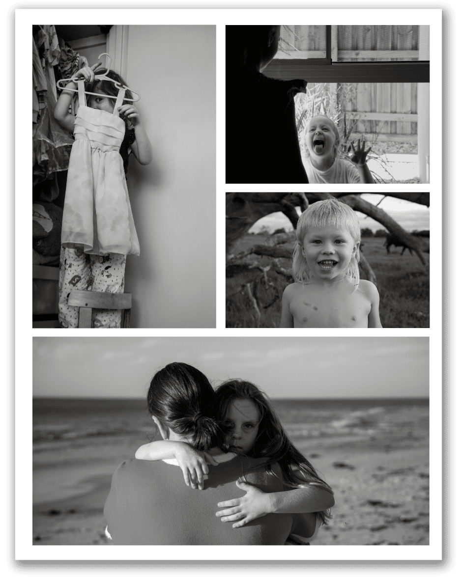 A collage of 4 black and white family photographs by Stacey Potter
