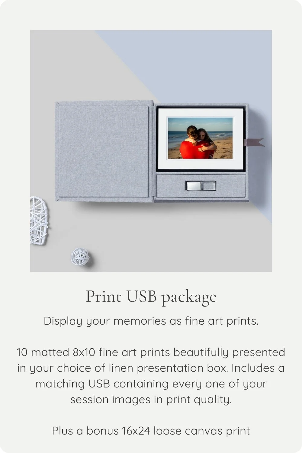 A gray box with a photo print of two people hugging on a beach, with text promoting a print USB package with art prints.