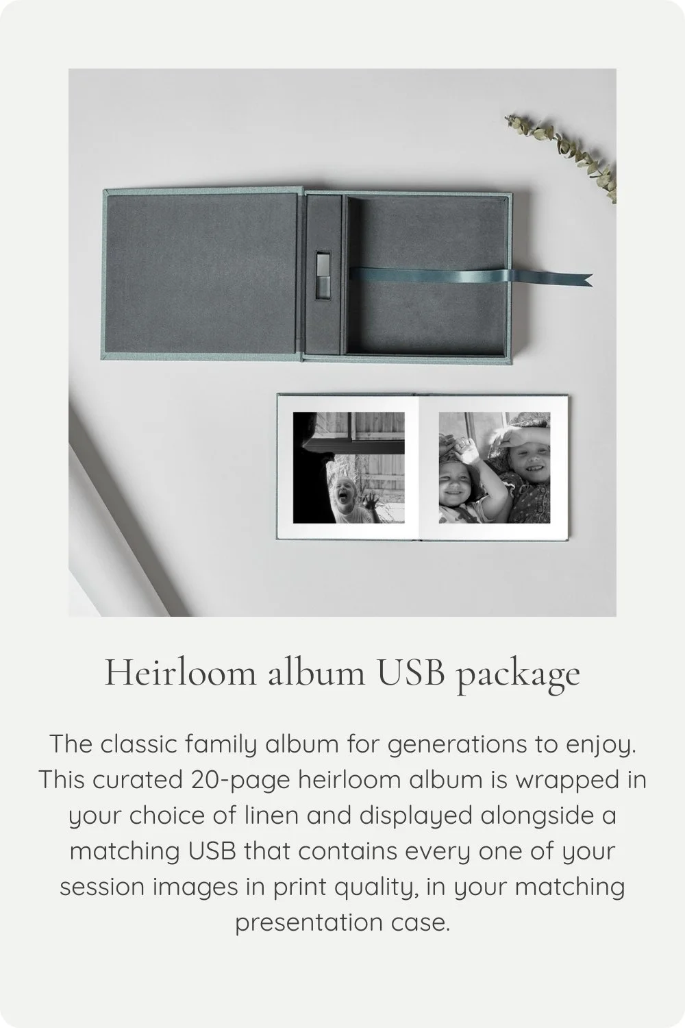 Open Heirloom album USB package with black and white photos of children inside.