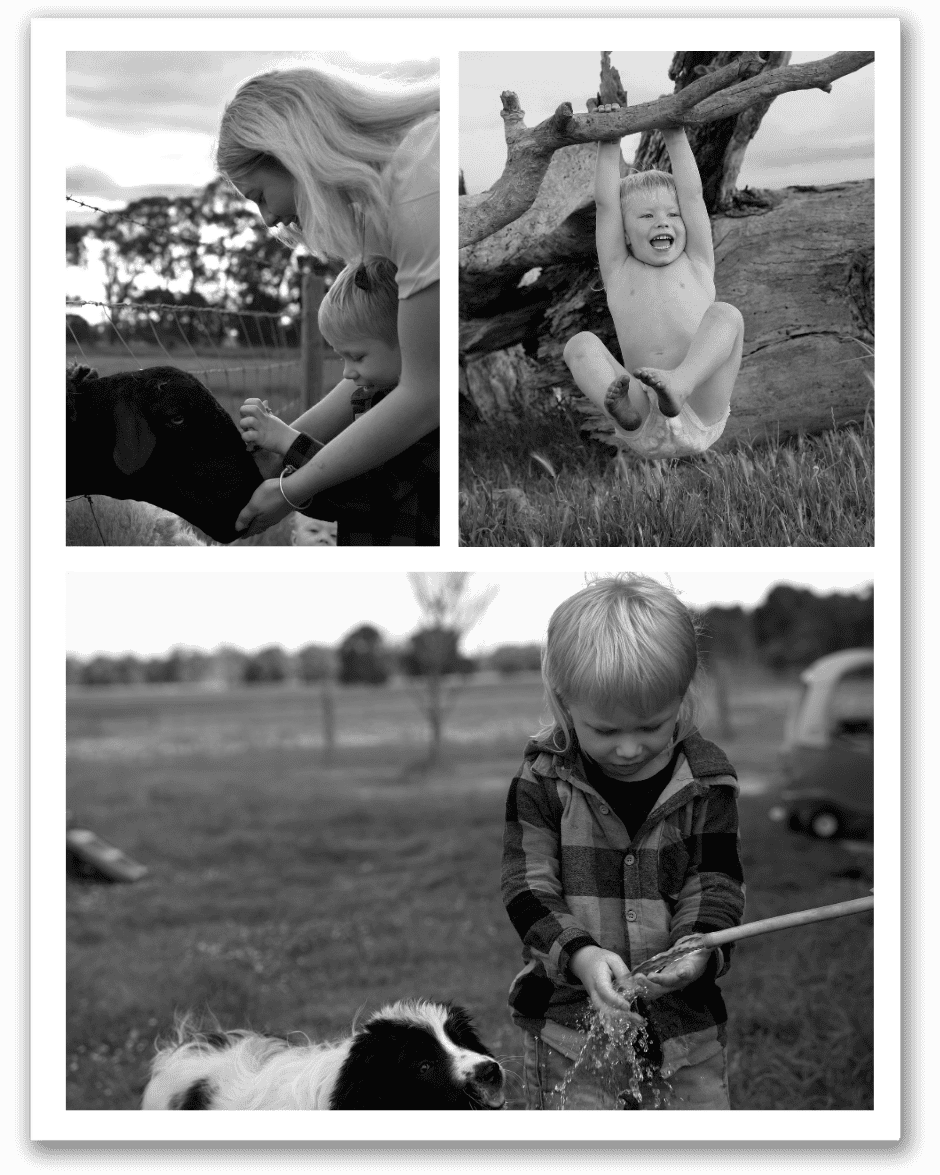 A collage of candid family photos featuring a boy, his puppy, and his mother at their family farm