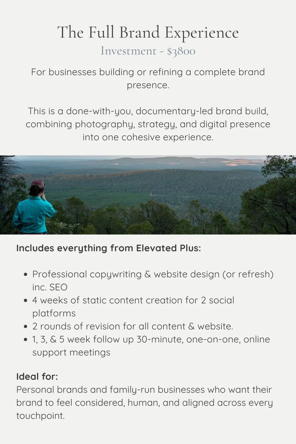 A promotional flyer for a branding service called 'The Full Brand Experience,' priced at $3800, including photography, strategy, and digital presence. The flyer features a scenic landscape with a person in a blue jacket and cap overlooking a green forested area.