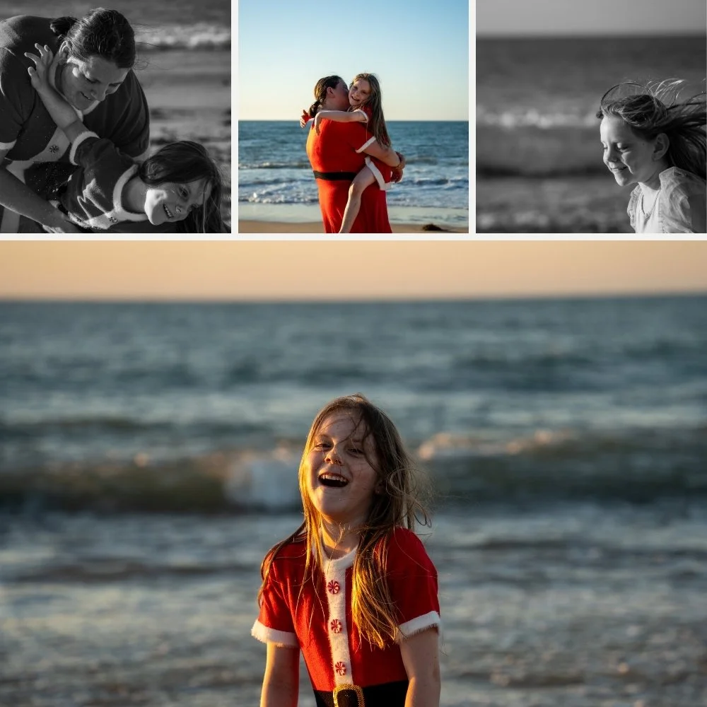 Collage of a girl and her mother, in red dresses on the beach smiling and laughing at sunset.