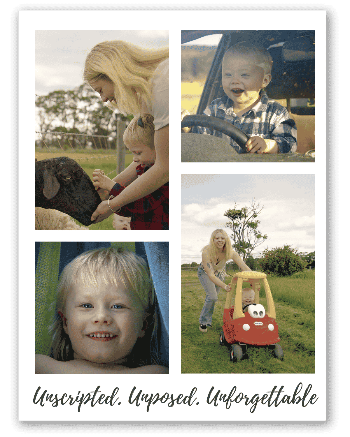 A collage of family photos with the caption 'unscripted. Unposed. Unforgettable.'