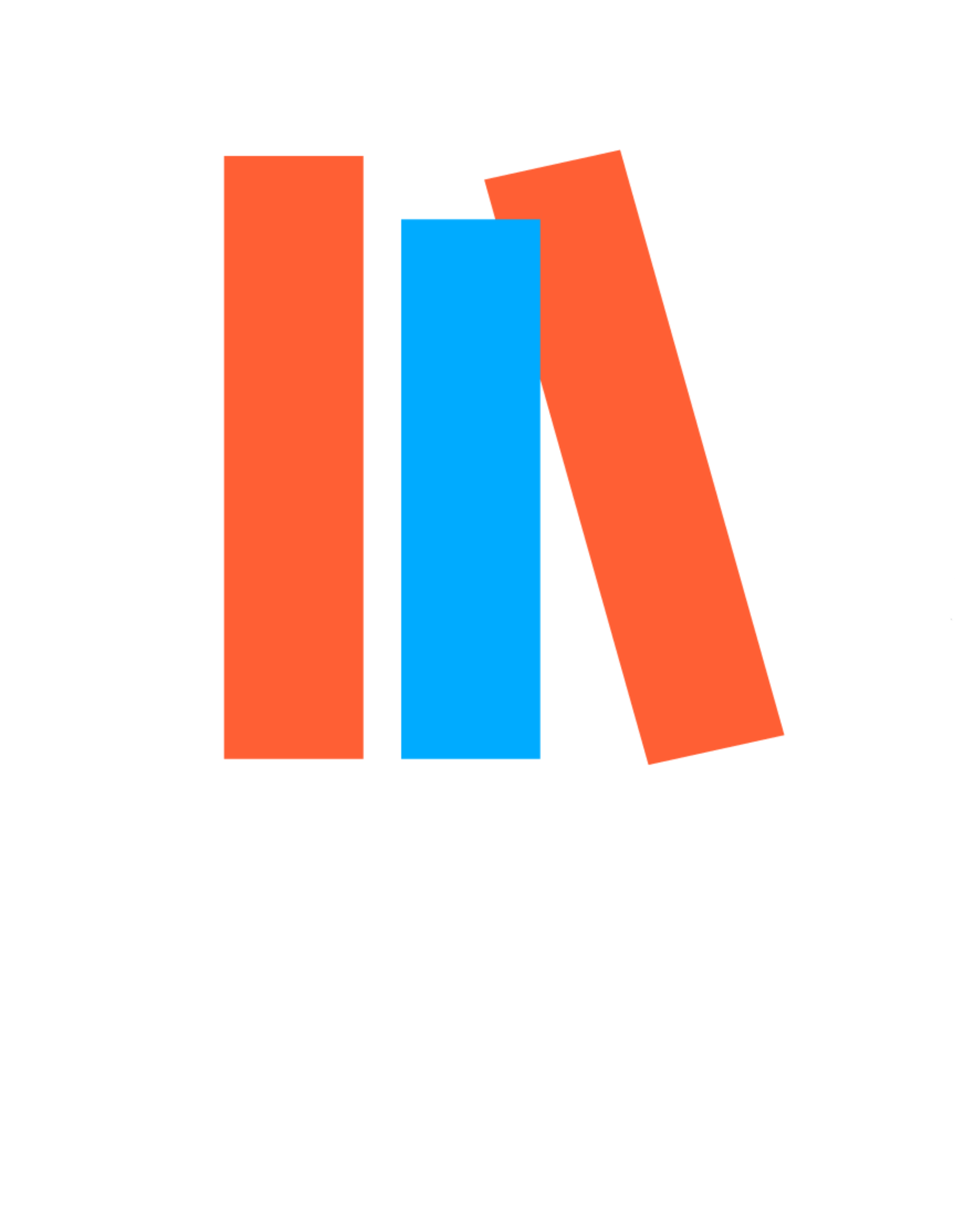 Three colored bars, two orange and one blue, tilted at different angles against a white background.