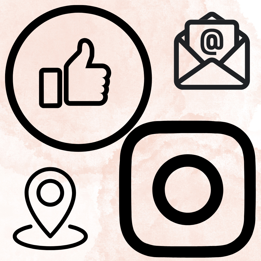 Icons on pink watercolor background: thumbs up, mail with at symbol, location pin, and camera app symbol.