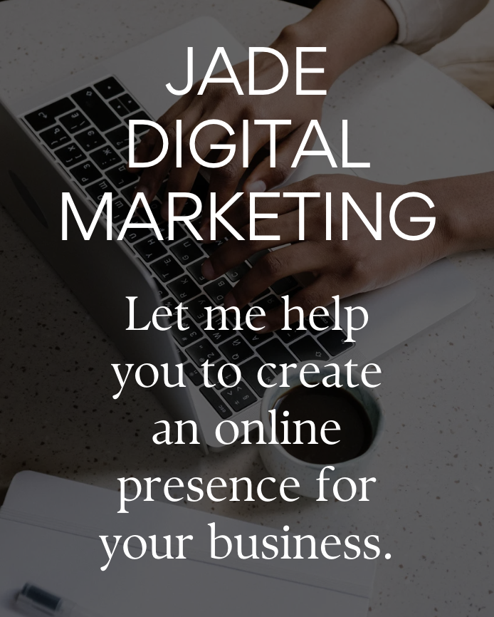 Laptop keyboard with "Jade Digital Marketing" and text about online presence for businesses.