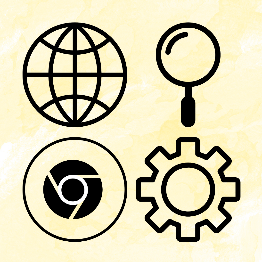 Icons of a globe, magnifying glass, browser logo, and gear on a yellow background.