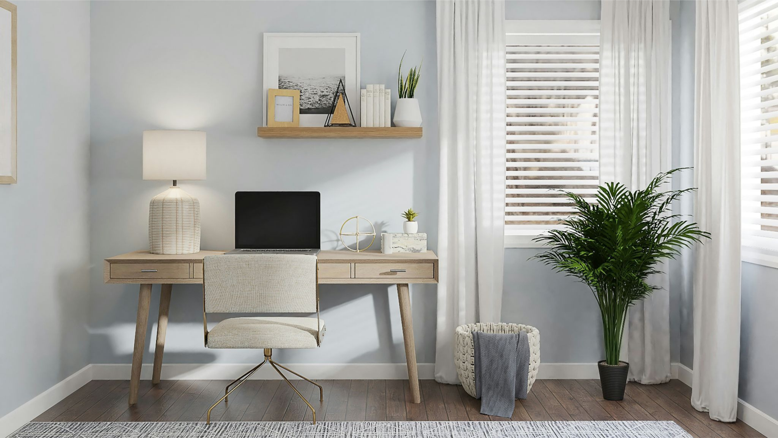 Modern and minimalist home office desk setup with neutral decor to reduce visual clutter for business owners.