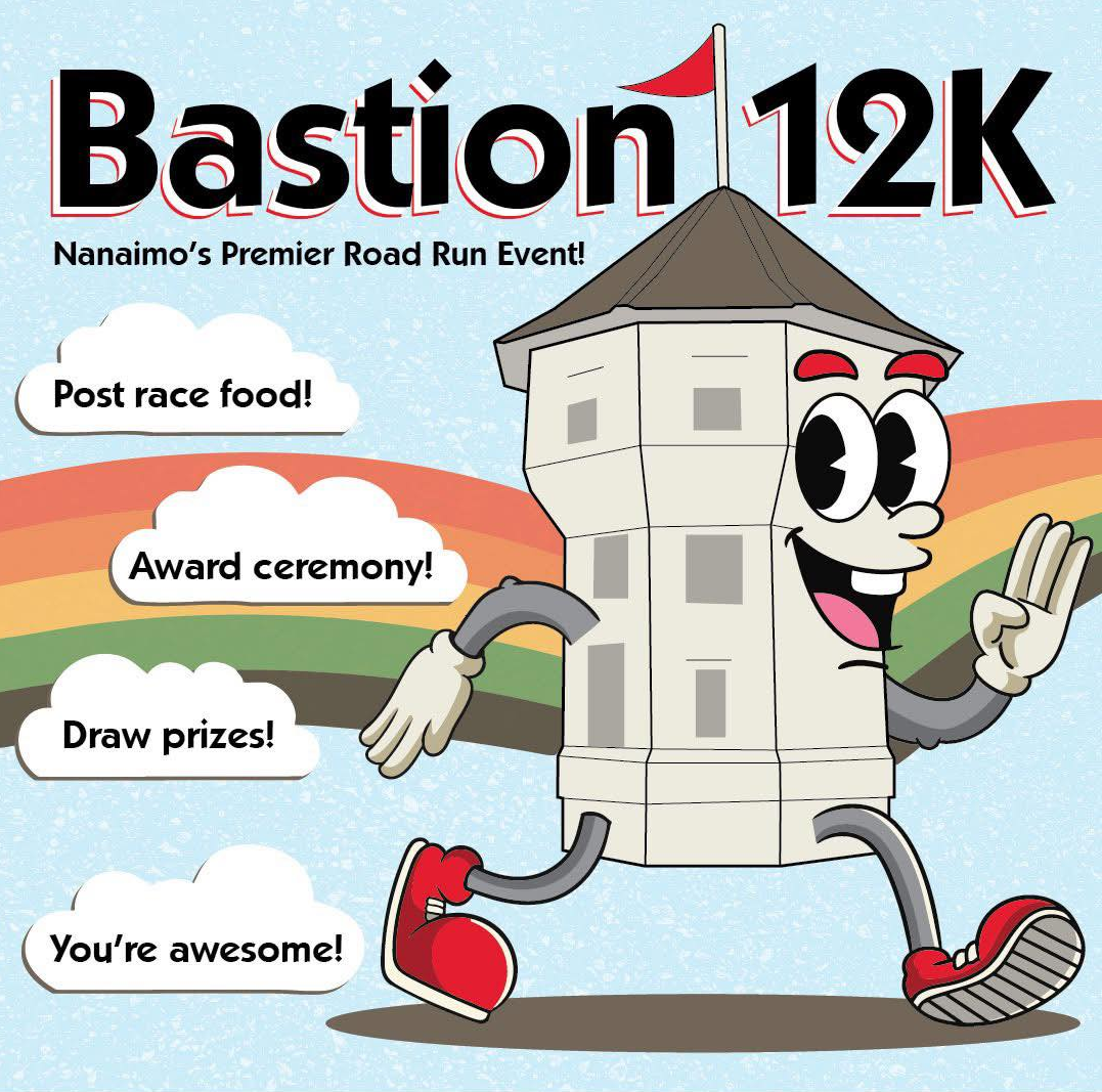 Cartoon illustration of a happy, anthropomorphic Bastion tower mascot running with a rainbow in the background, promoting the Bastion 12K race event in Nanaimo with speech bubbles listing event highlights.
