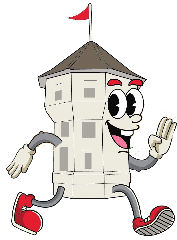 Cartoon character of a white Bastion building with a red flag on top, running and smiling, with arms and legs, red shoes, and cartoon eyes and mouth.