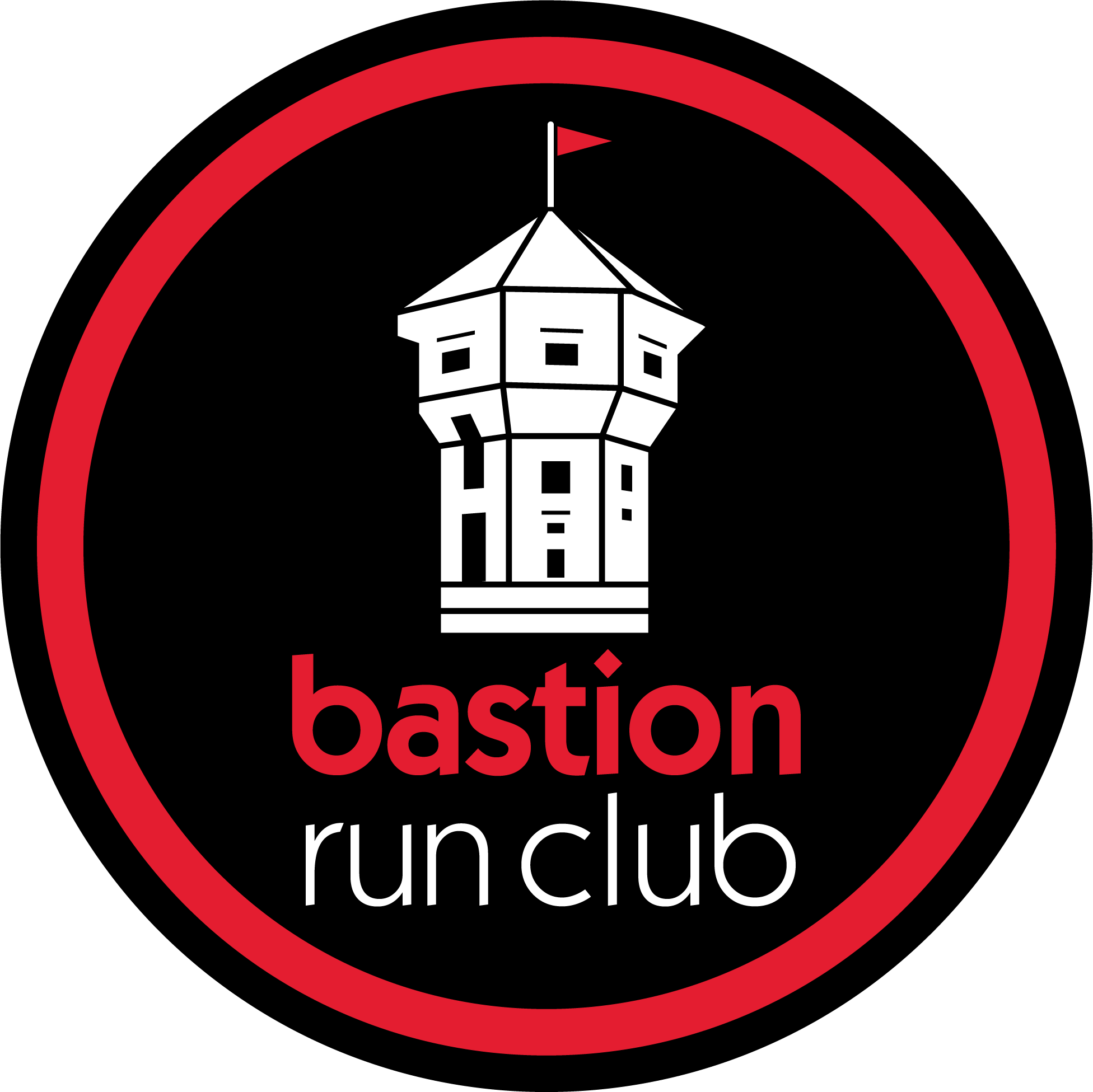 Logo for Boston Run Club with a stylized white icon of Nanaimo's historic Bastion building and red and white text on a black background.