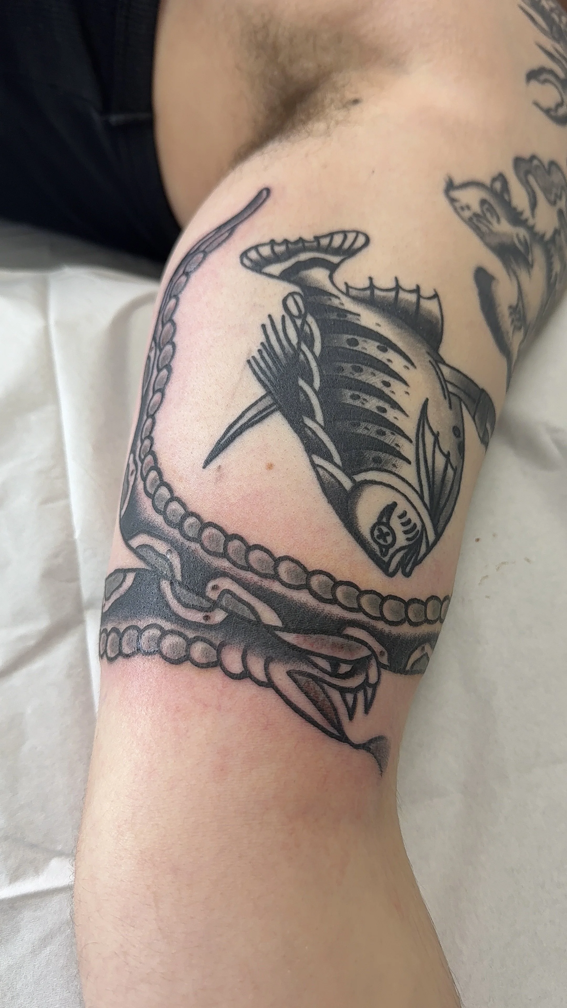 black and grey snake tattoo american traditional style