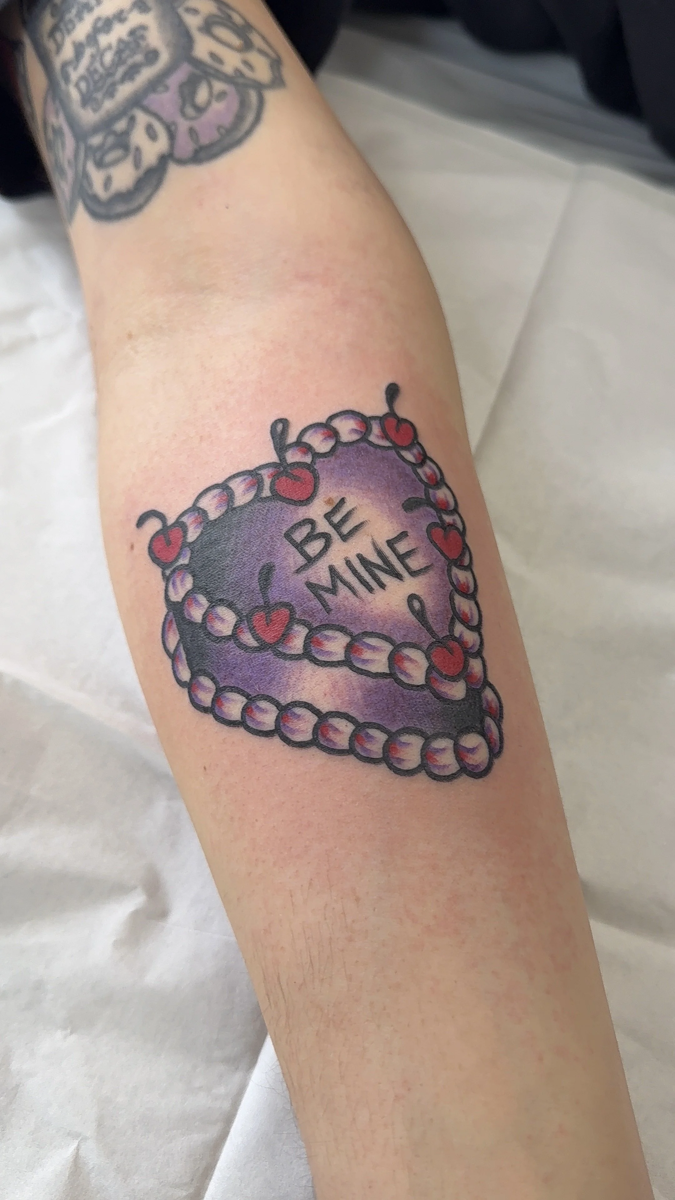 be mine heart cake tattoo valentines day flash tattoo american traditional style