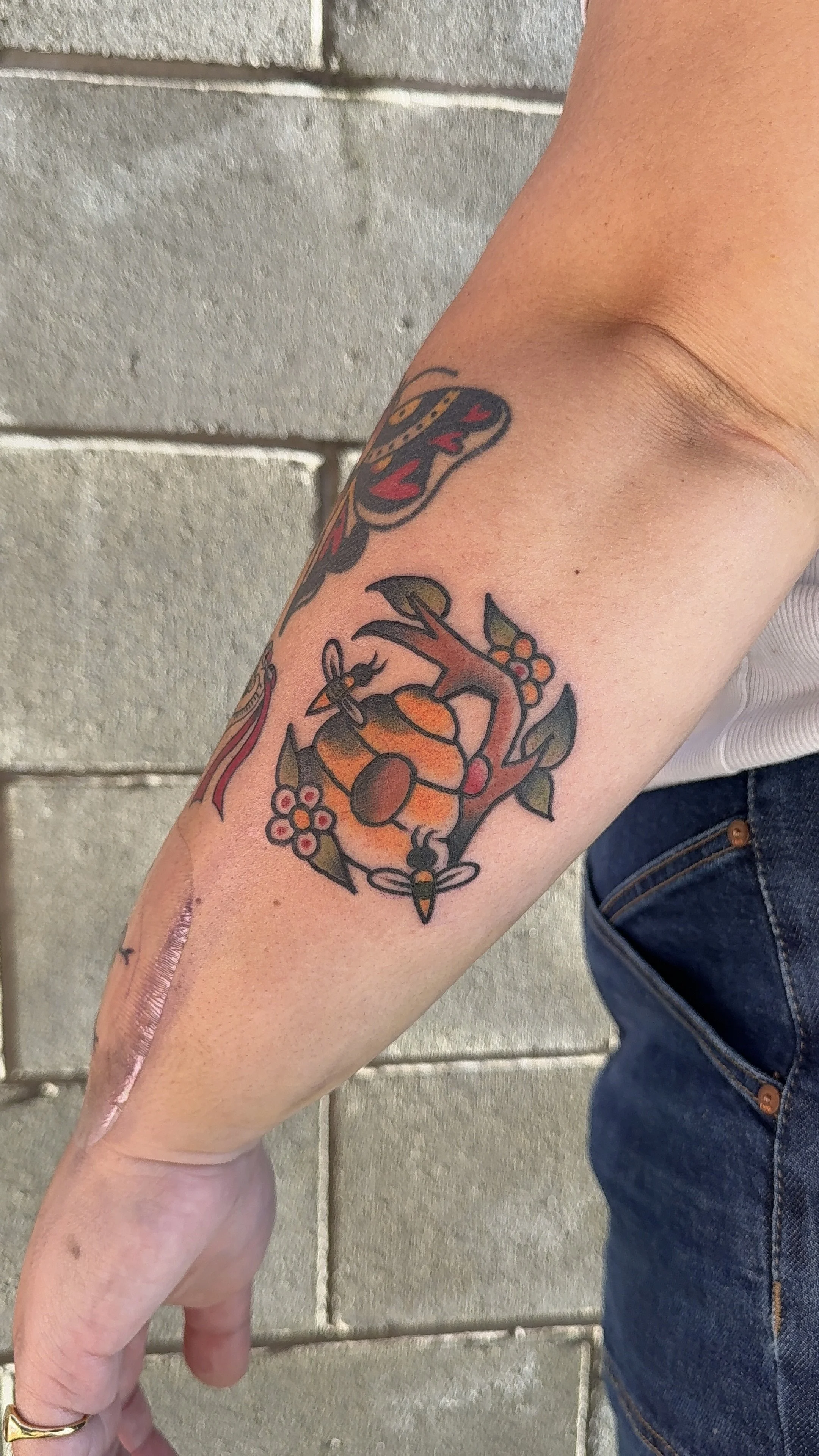 American Traditional Tattoo Beehive in Color Tattoo made in Portland Oregon