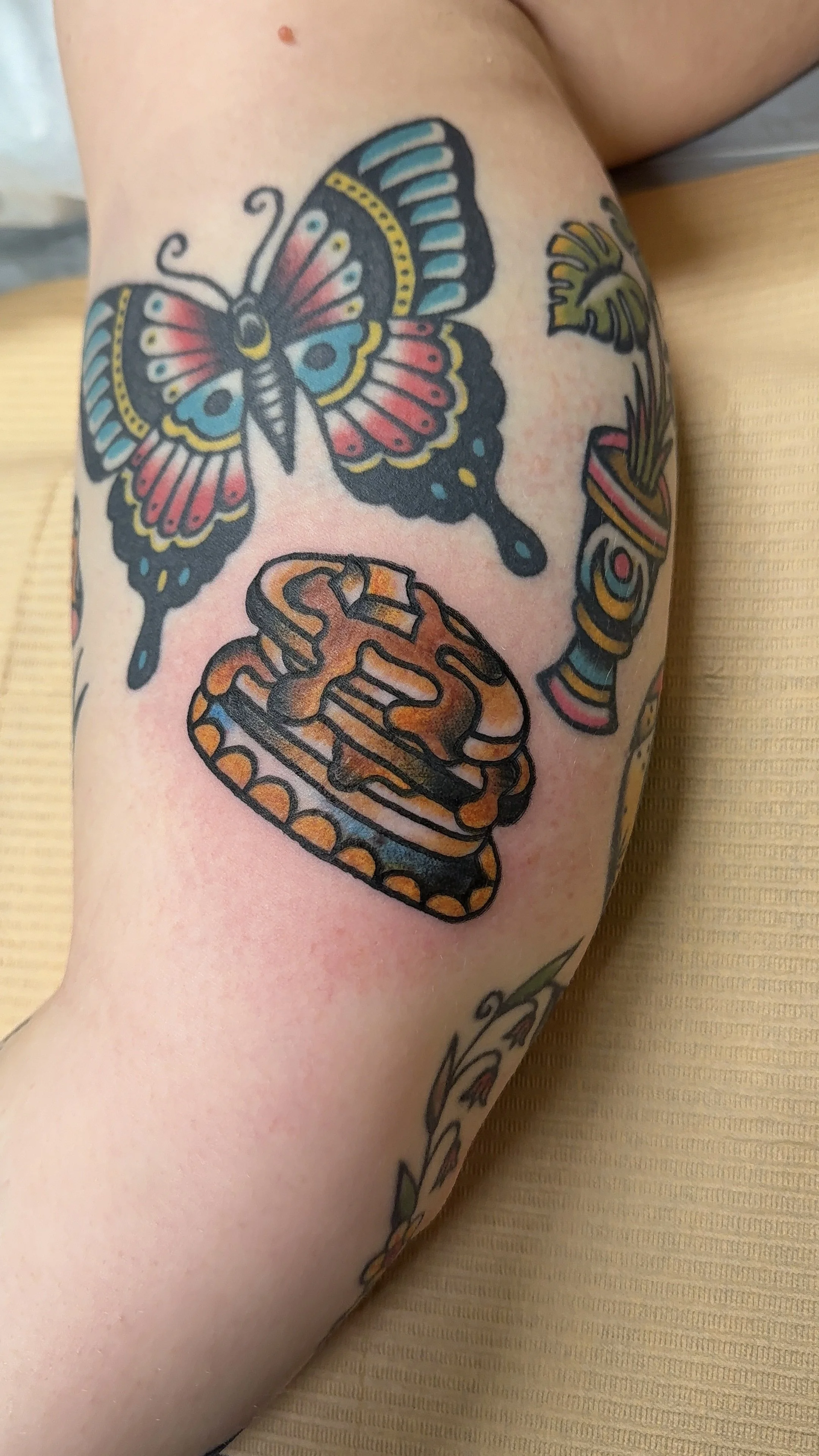 American Traditional Tattoo made in Portland, Oregon pancakes food tattoo in color 