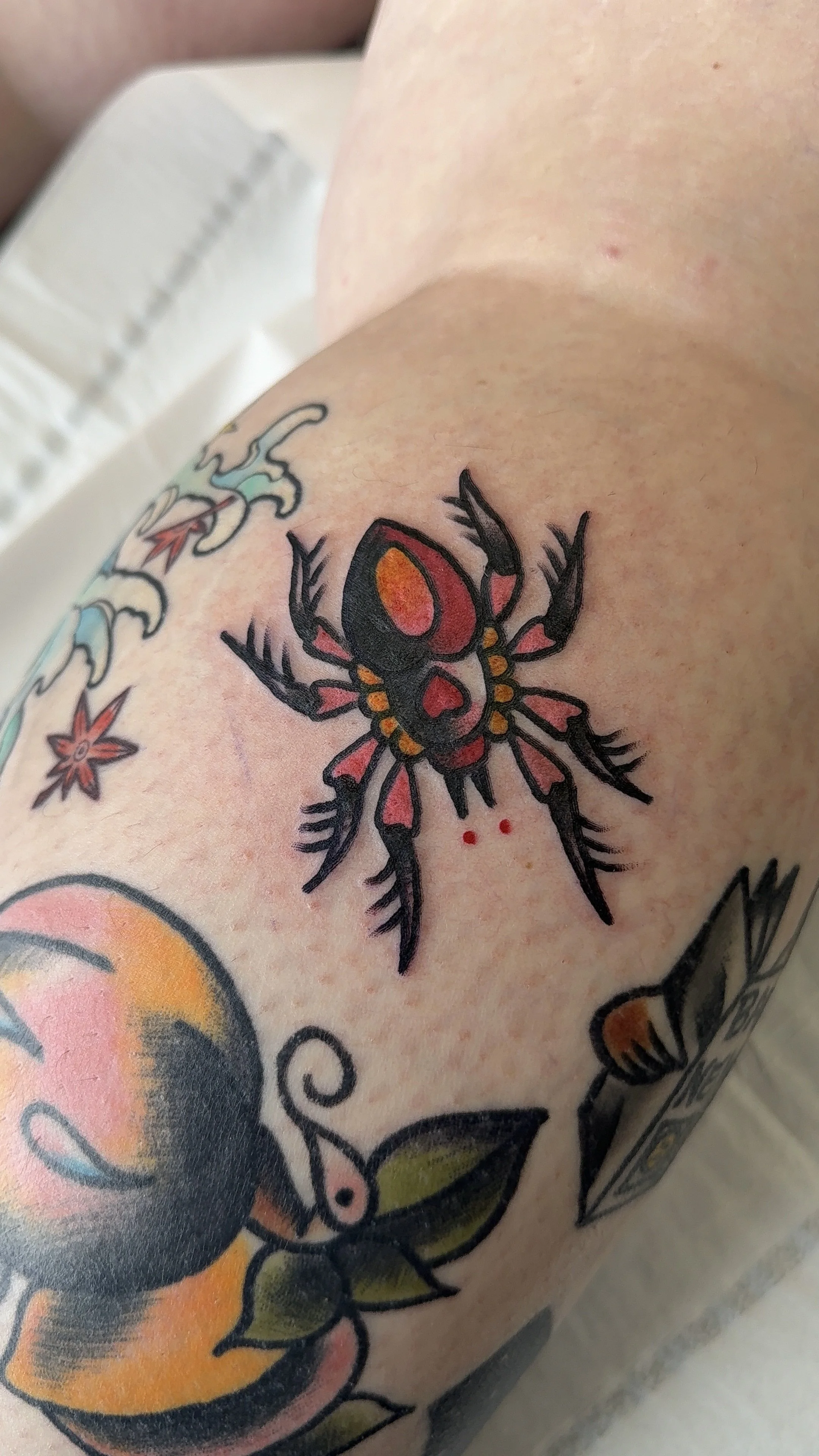 colorful spider tattoo love themed american traditional style