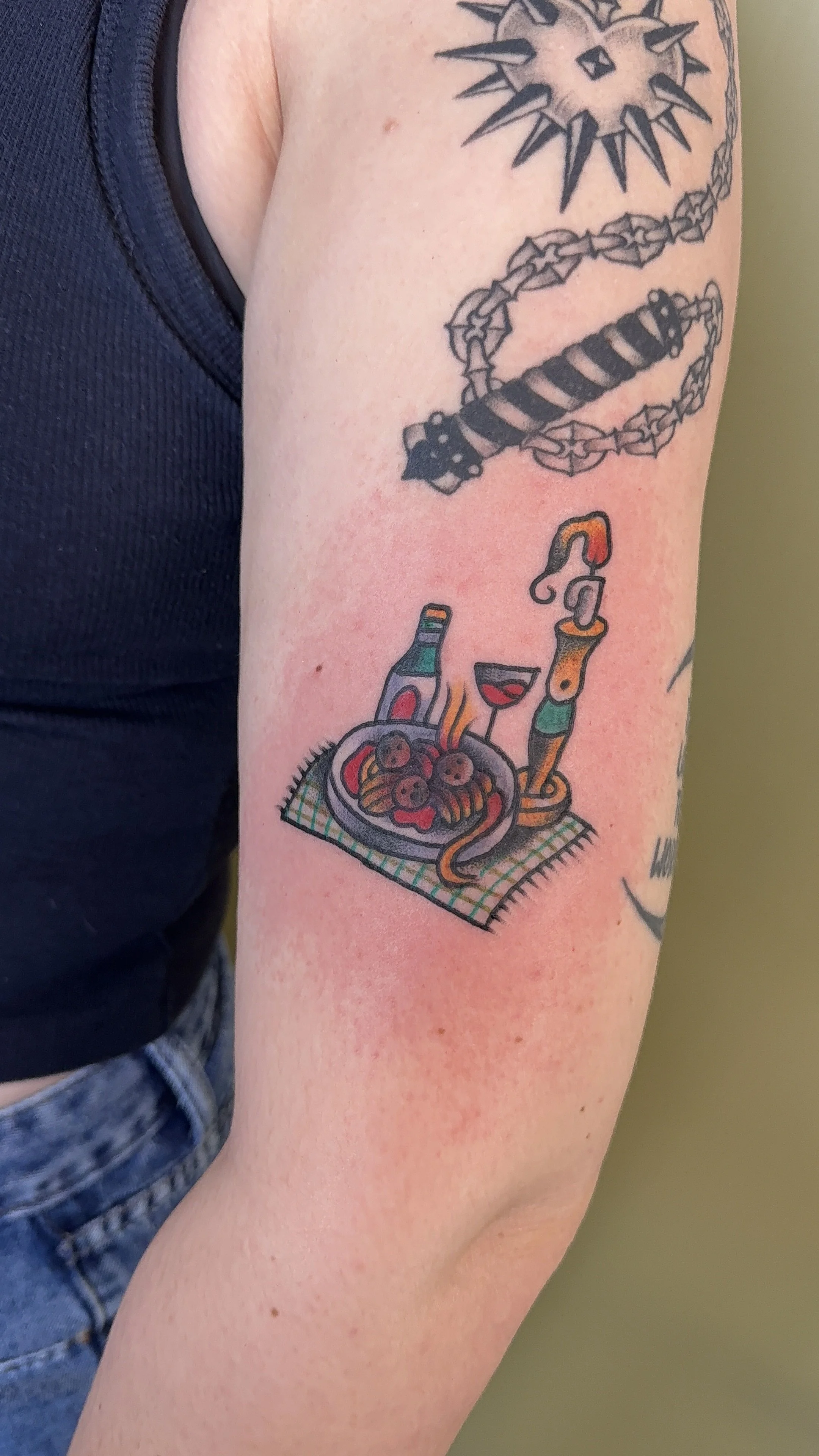 American Traditional Tattoo Spaghetti with Meatballs Wine Candlestick Tattoo in Color Food Tattoo