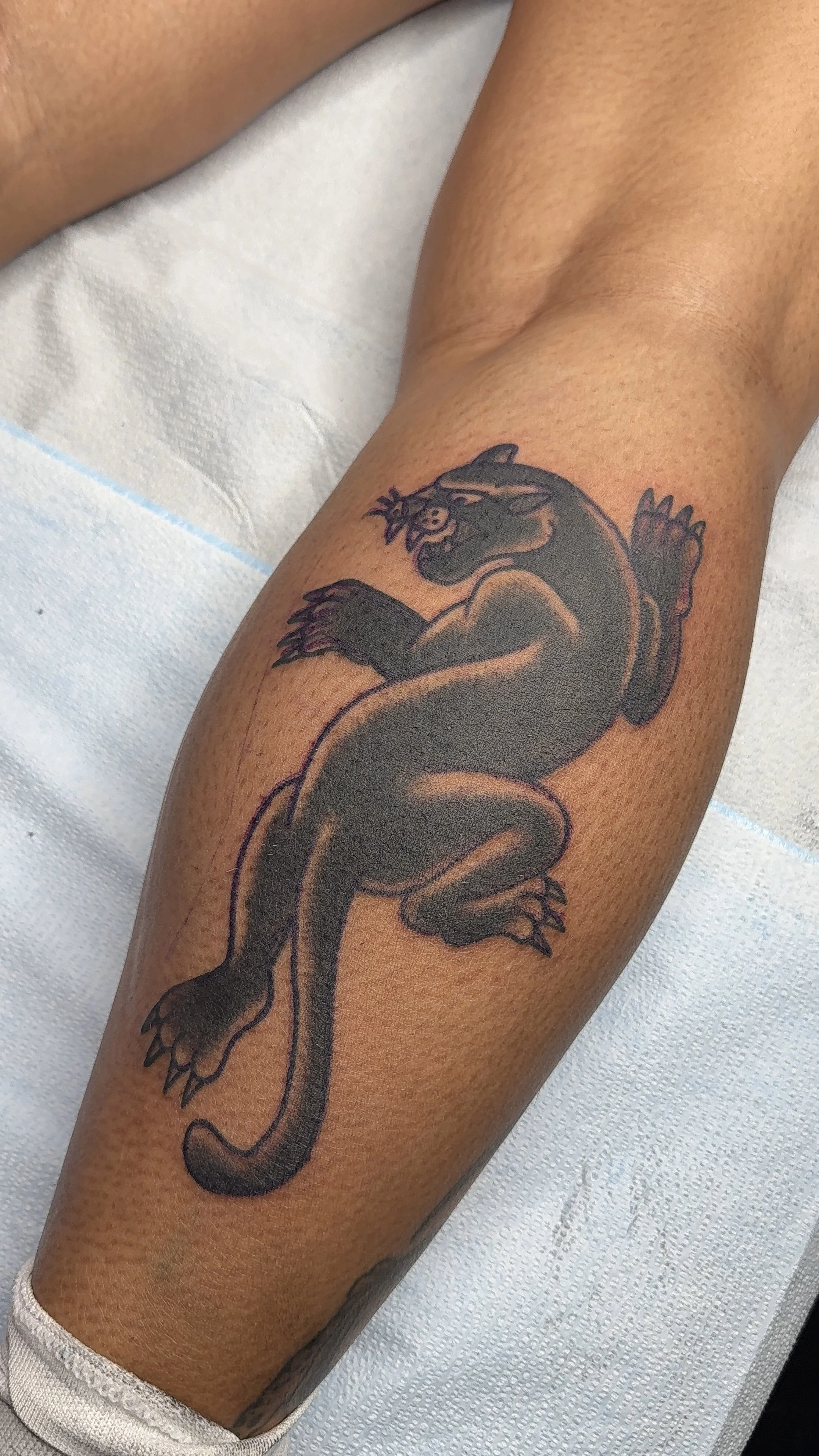 black and grey panther tattoo american traditional style