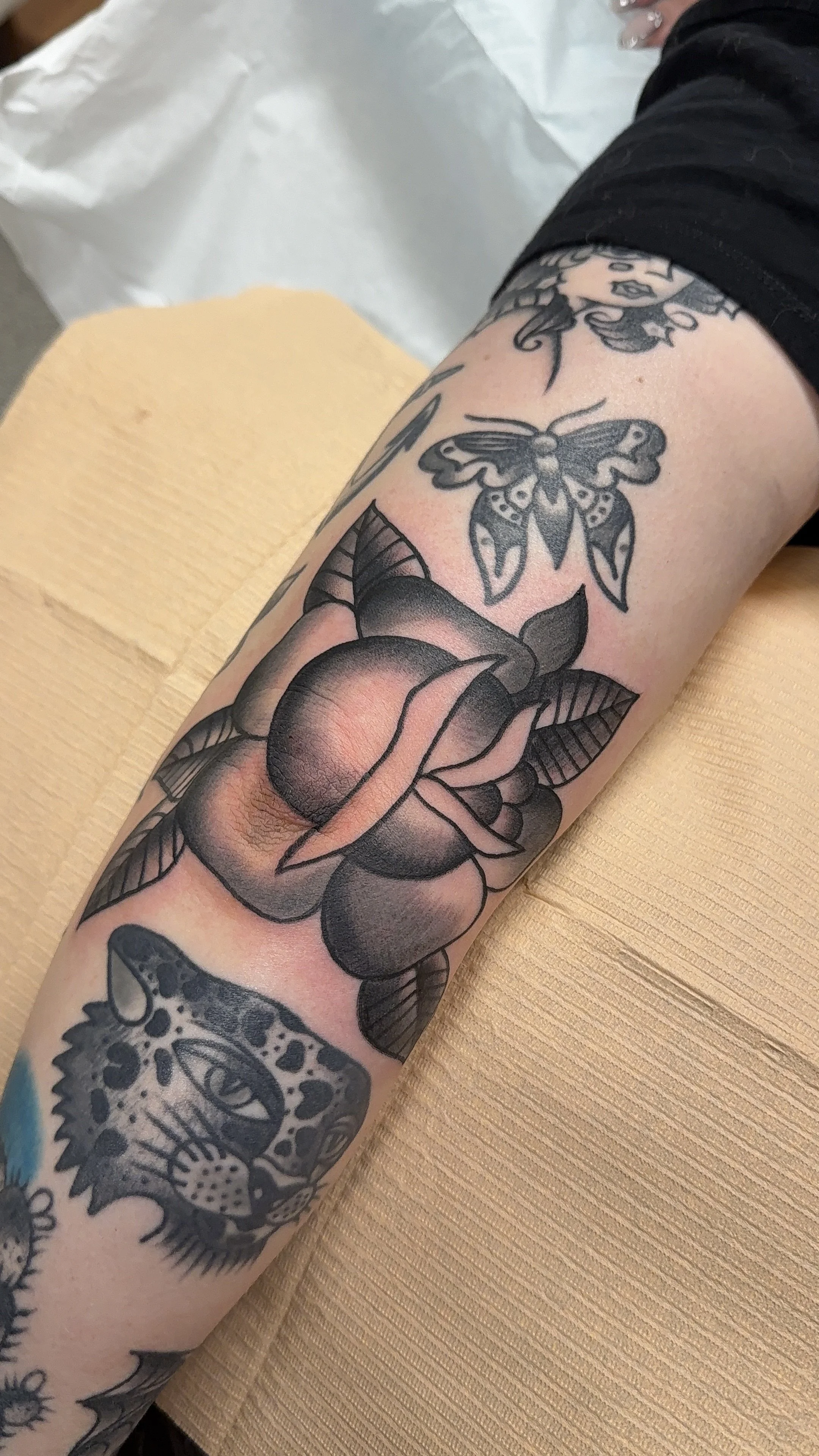 american traditional style rose tattoo on elbow black and grey