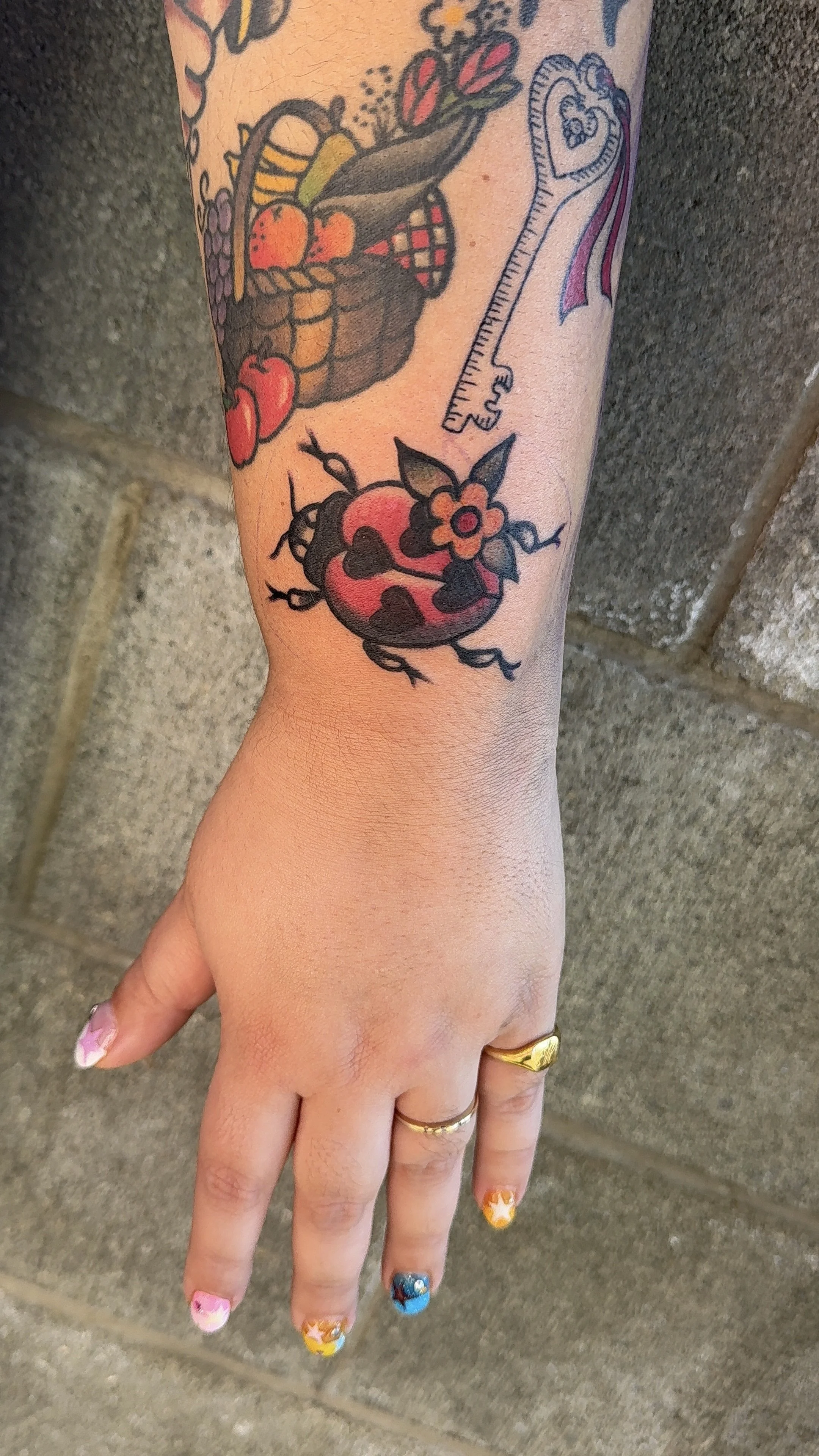 American Traditional Tattoo ladybug color tattoo made in Portland Oregon