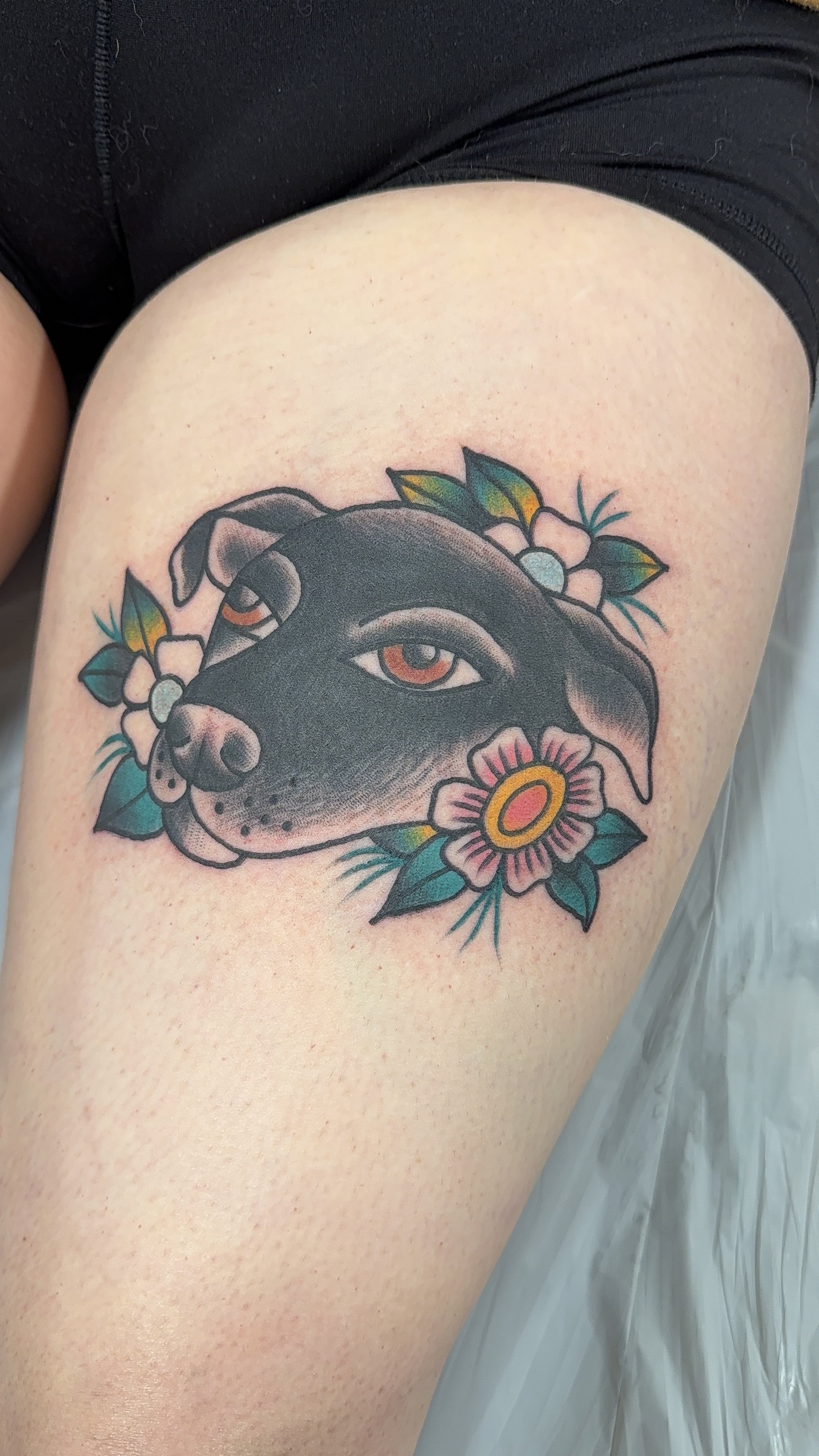 American Traditional Tattoo made in Portland, Oregon color dog pet portrait tattoo
