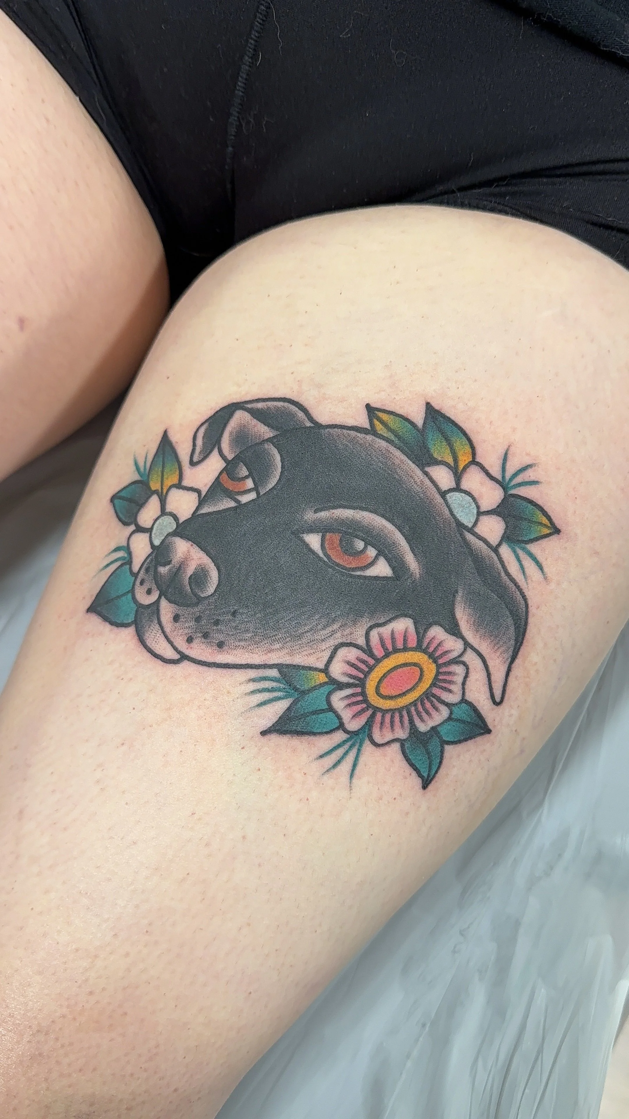 american traditional style pet portrait dog tattoo