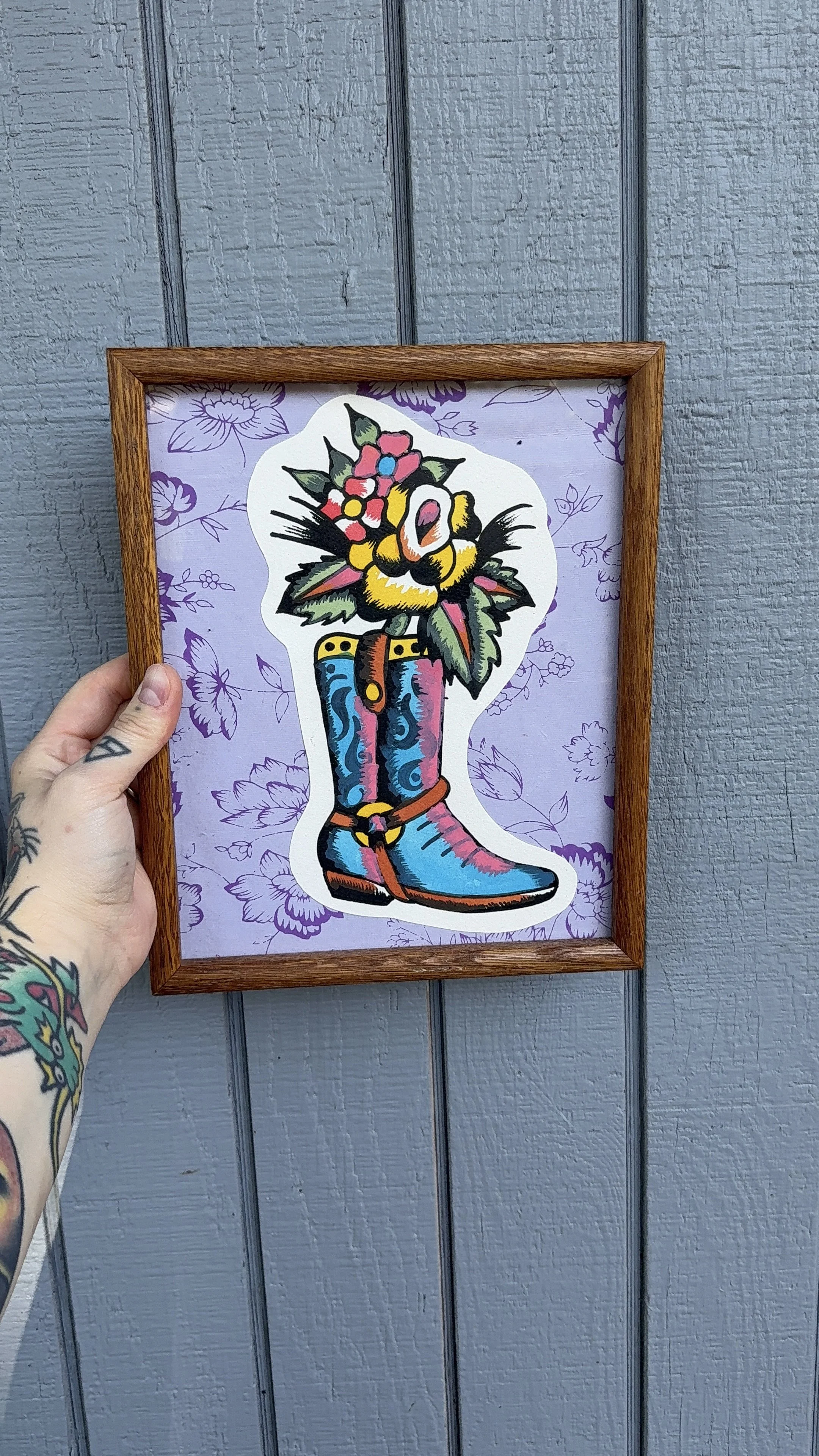 portland Oregon American traditional tattoo flash cowboy boot vase tattoo