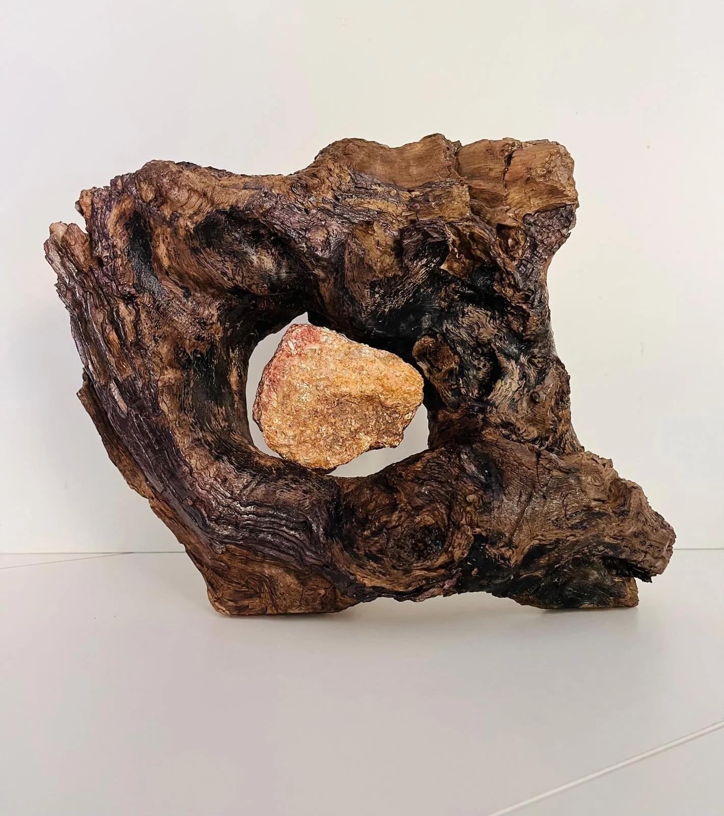 A piece of weathered, twisted driftwood with a large rock balanced within its hollow center, placed against a plain white background.