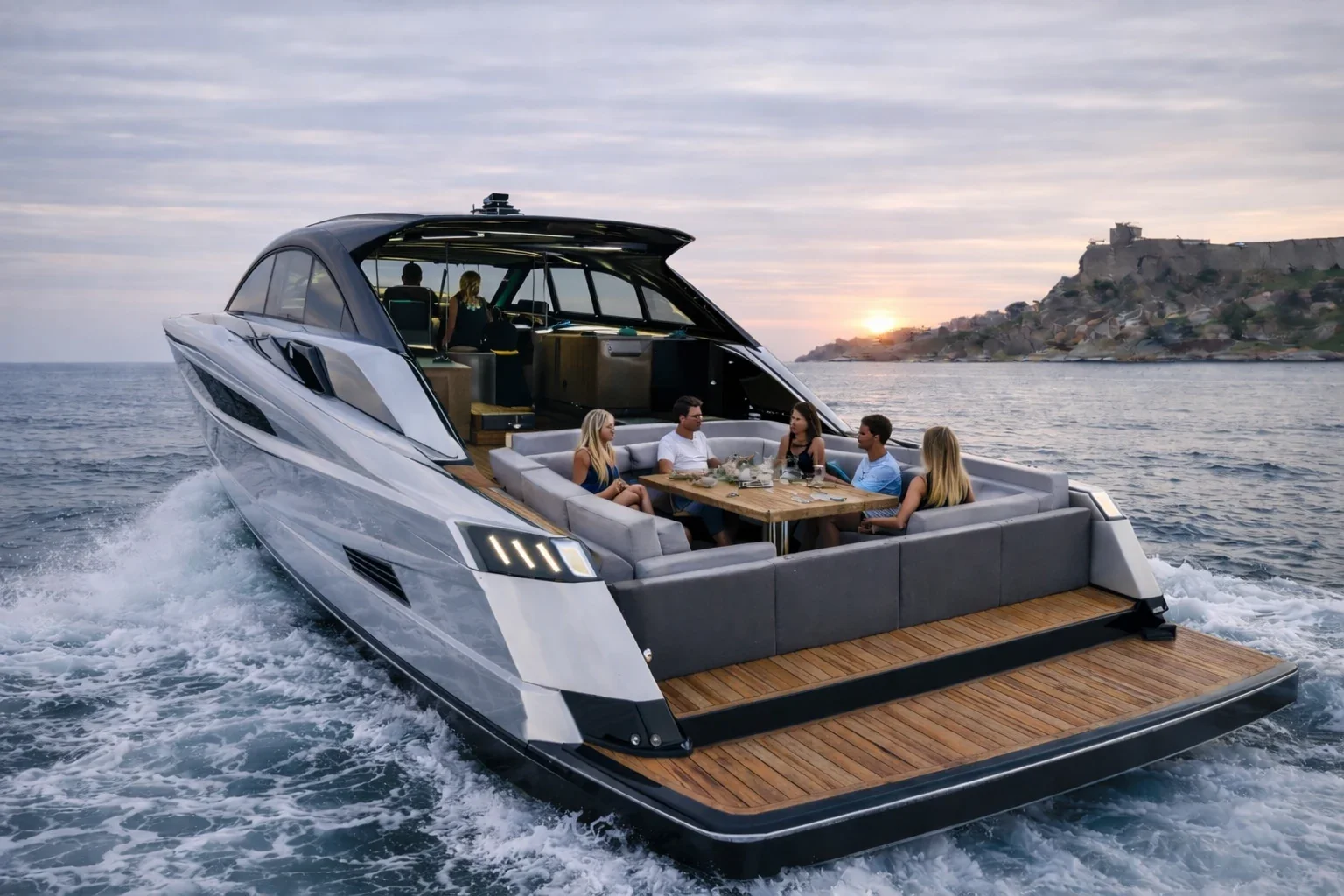 A luxury yacht with six people enjoying a meal on the deck during a sunset at sea.